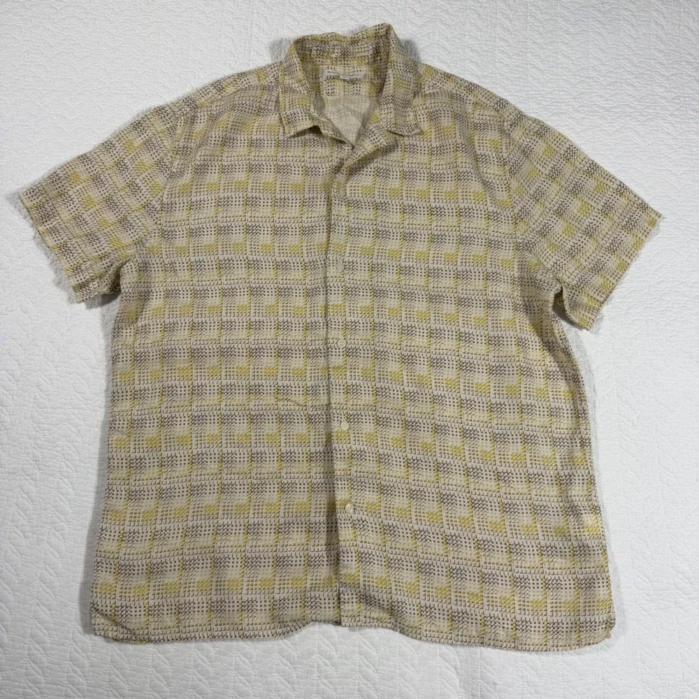 Banana Republic Shirt Mens L Yellow Geometric 100% Linen Short Sleeve Casual EUC